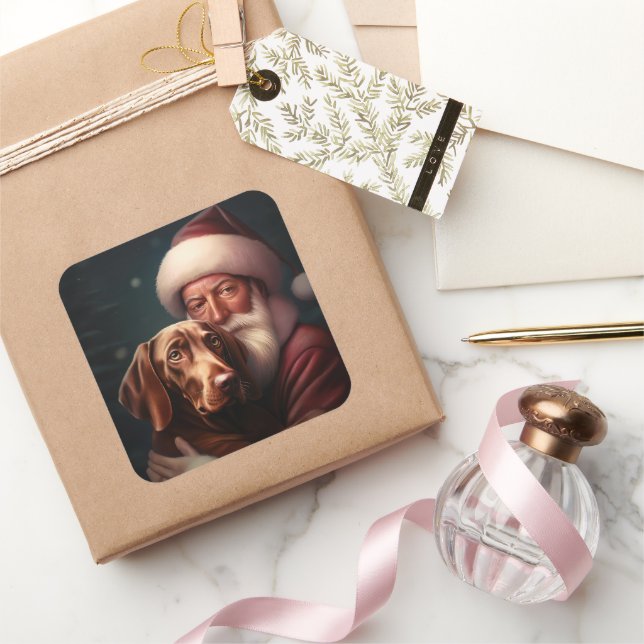 Sticker Carré Vizsla avec Noël Festif du Père Noël (Cadeaux)