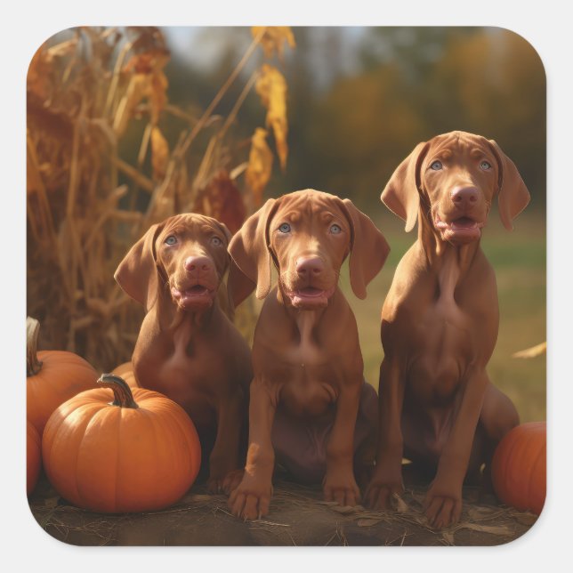 Sticker Carré Vizsla Chiot Automne Citrouille délice (Devant)