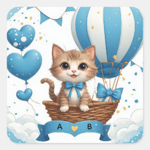 Sticker Carré Vœux de Baby Shower pour un Petit Chat Bleu 🐱