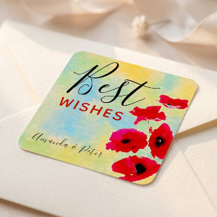 Sticker Carré Vœux de fleurs aquarelles au coquelicot rouge