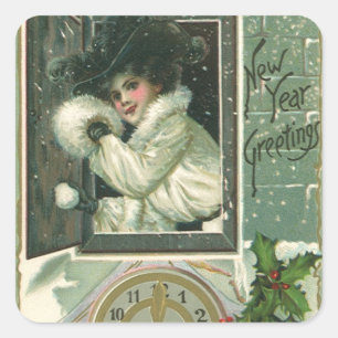 Sticker Carré Vœux de Nouvel An vintage, Fille victorienne à la 