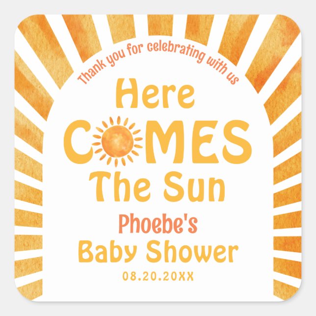 Sticker Carré Voici Le Merci de Baby shower Sun Retro (Devant)