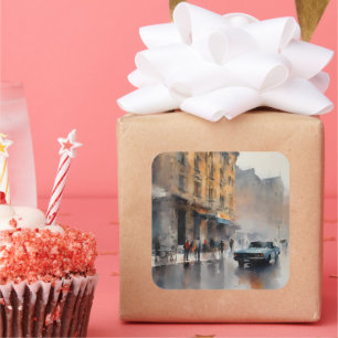 Sticker Carré Voiture bleue vintage à Foggy Cityscape