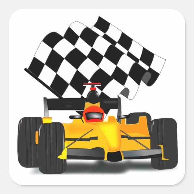 Sticker Carré Voiture de course jaune avec drapeau À damiers (Devant)