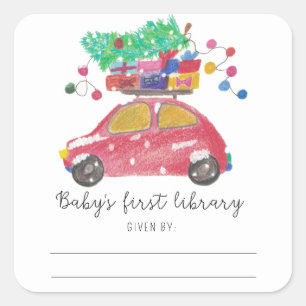 Sticker Carré Voiture de Noël - première bibliothèque pour bébé