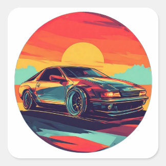 Sticker Carré Voiture de sport retro avec Arrière - plan coucher