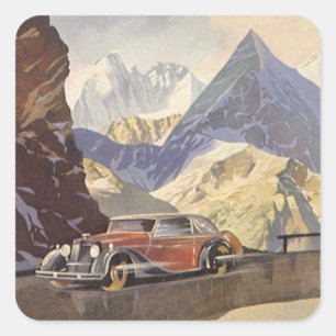 Sticker Carré Voiture vintage sur une route de montagne en hiver