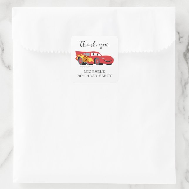 Sticker Carré Voitures - Lightning McQueen Anniversaire - Merci (Sac)