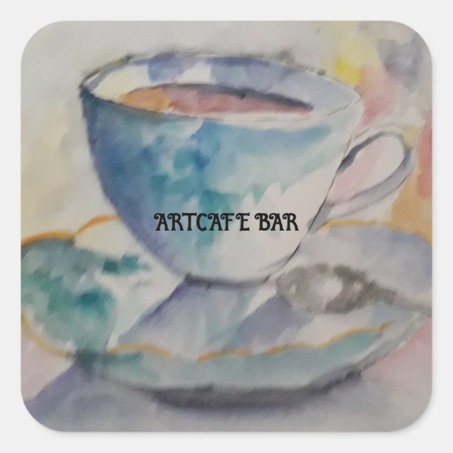 Sticker Carré Votre nom Aquarelle café tasse et soucoupe (Devant)