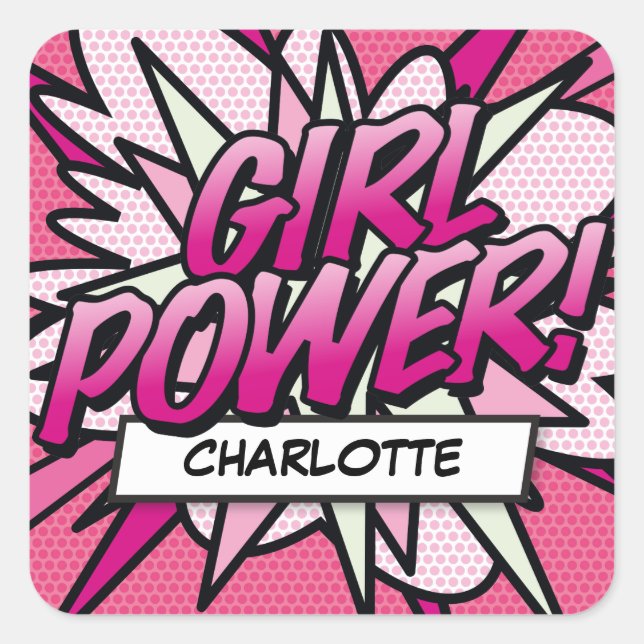 Sticker Carré Votre nom GIRL POWER Fun Retro Comic Book Pop Art (Devant)