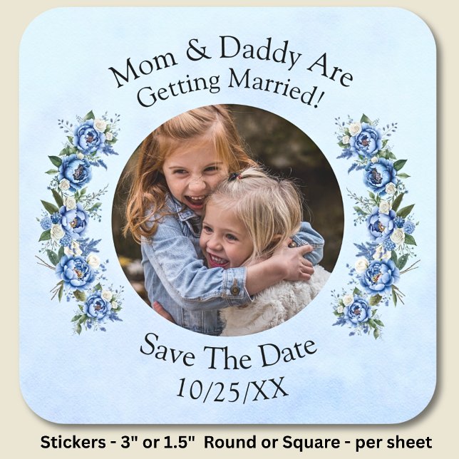 Sticker Carré Votre photo d'enfants Maman Papa se marient Bleu P (Créateur téléchargé)