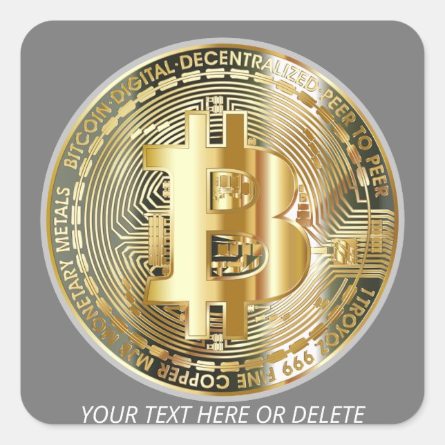 Sticker Carré Votre texte/couleur or/argent Bitcoin Cryptomonnai (Devant)
