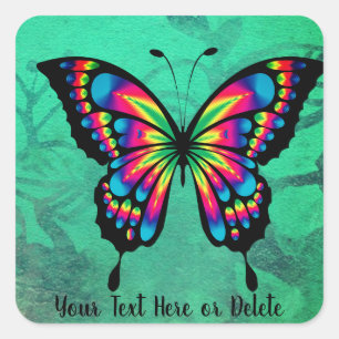 Sticker Carré Votre texte rose vif et bleu papillon Turquoise