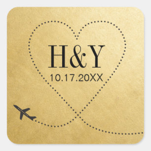 Sticker Carré Voyage Destination Mariage Avion Monogramme Coeur
