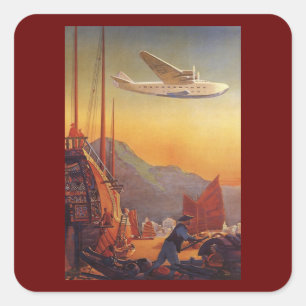 Sticker Carré Voyage Rétro, Avion au-dessus de jonques à Hong Ko