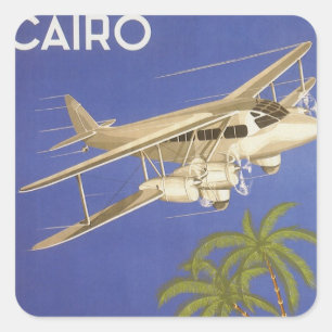Sticker Carré Voyage Vintage vers Le Caire, Égypte, Avion Biplan