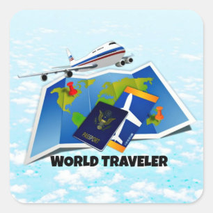 Sticker Carré Voyageur du monde - Carte, passeport et billets