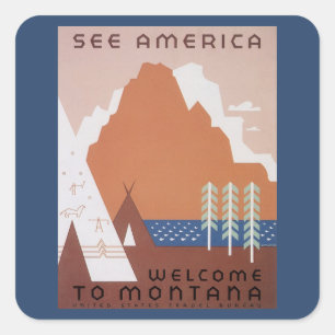 Sticker Carré Voyez l'Amérique Bienvenue au Montana, Voyage Vint