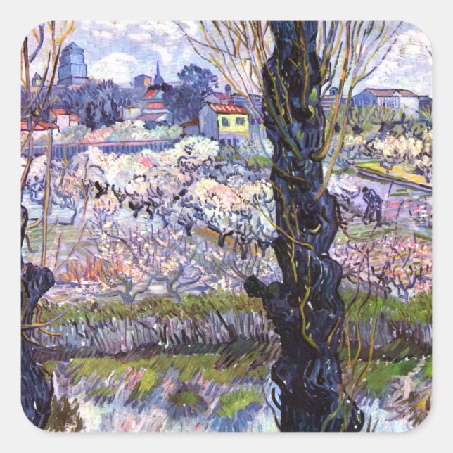 Sticker Carré Vue d'Arles, vergers à fleurs (1889) Van Gogh (Devant)