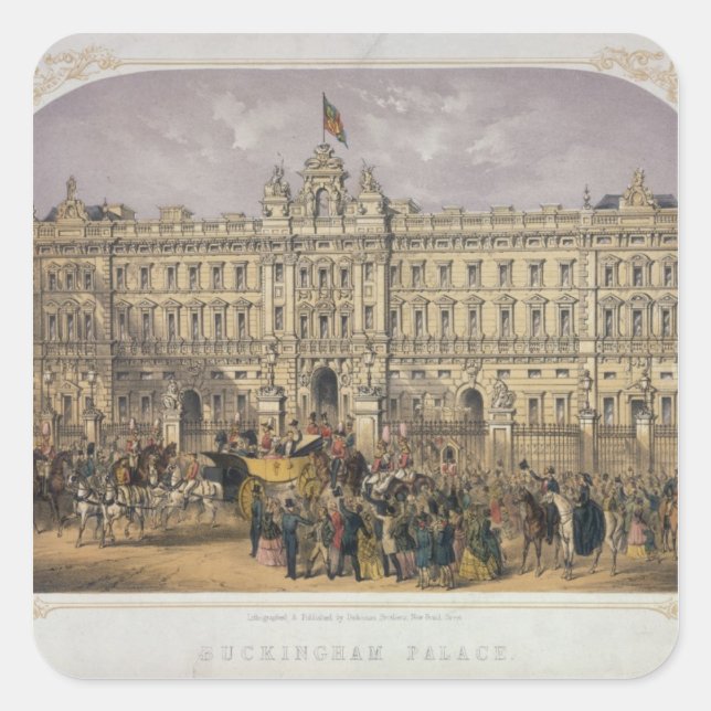 Sticker Carré Vue sur Buckingham Palace avec une foule à l'extér (Devant)
