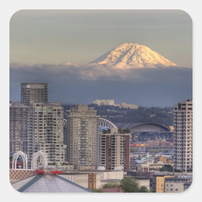 Sticker Carré WA, Seattle, Mont Rainier de Kerry Park (Devant)
