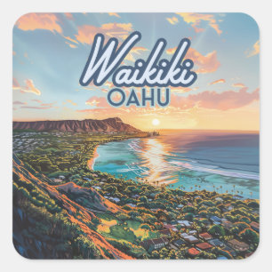 Sticker Carré Waikiki Beach Honolulu Oahu Hawaii Retro