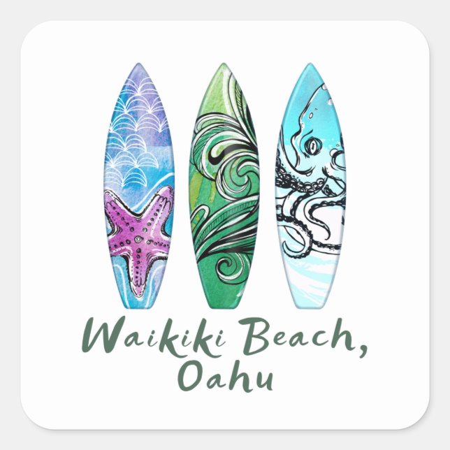 Sticker Carré Waikiki Beach Oahu Watercolor Surboards (Devant)