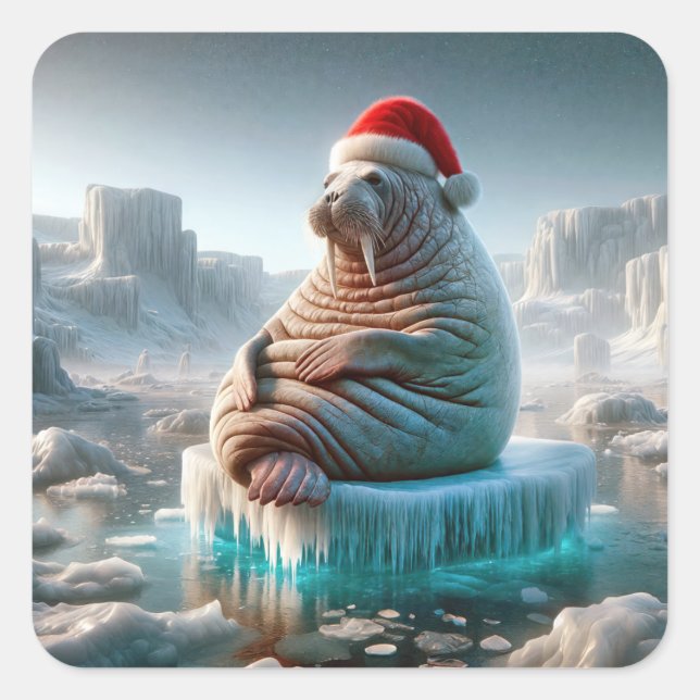 Sticker Carré Walrus porte un chapeau de Père Noël (Devant)