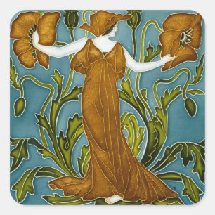 Sticker Carré Walter Crane Art nouveau jeune fille au coquelicot