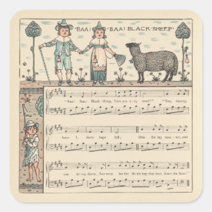 Sticker Carré Walter Crane Baa Baa Mouton Noir Comptine