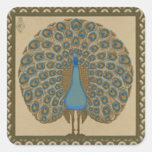 Sticker Carré Walter Crane Blue Peacock avec sa queue écartée