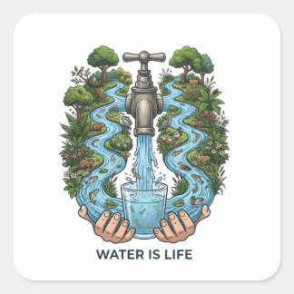 Sticker Carré Water Is Life | Nature Ecosystem Conservation Art