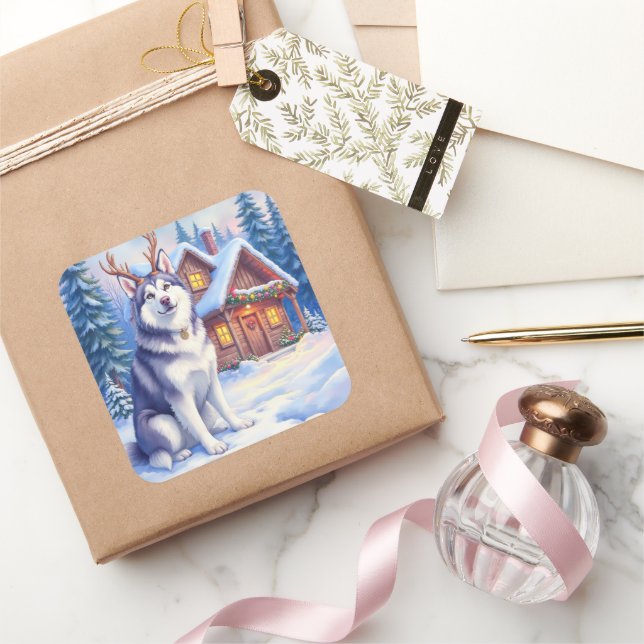 Sticker Carré Watercolor Alaskan Malamute Reindeer Christmas (Cadeaux)