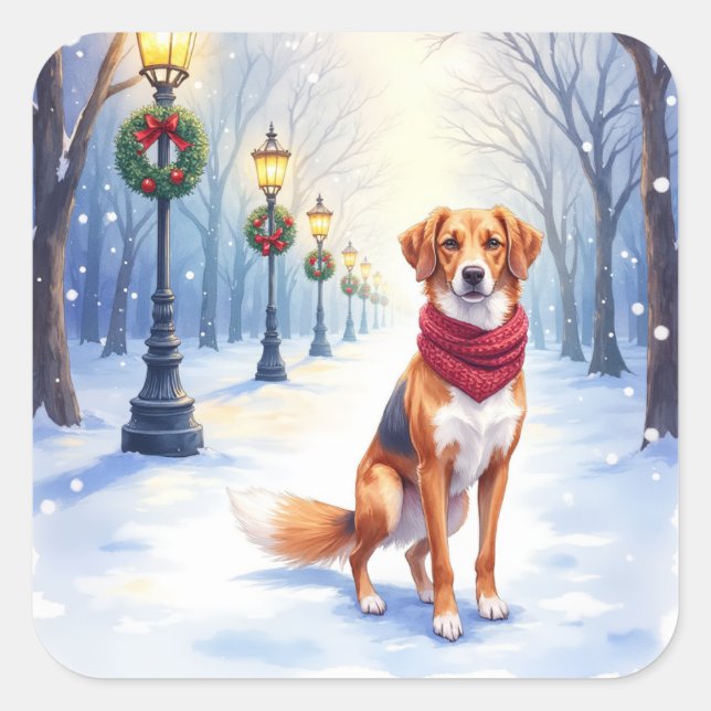 Sticker Carré Watercolor American Foxhound Snowy Lamppost (Devant)