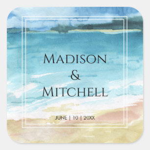 Sticker Carré Watercolor Beach Ocean Destination Mariage