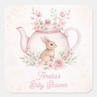 Sticker Carré Watercolor Bunny Rabbit Tea Pot Floral Baby Shower
