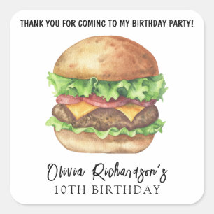 Sticker Carré Watercolor Burger Party Anniversaire Merci