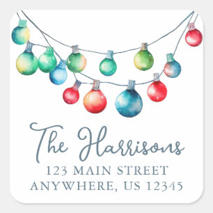 Sticker Carré Watercolor Christmas String Lights Adresse de reto