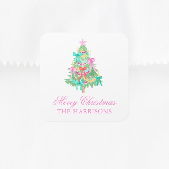 Sticker Carré Watercolor Coquette Bow Christmas Tree (Créateur téléchargé)