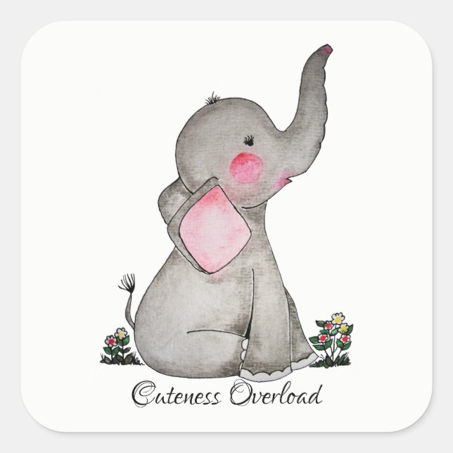 Sticker Carré Watercolor Cute Baby Elephant With Blush & Flowers (Devant)