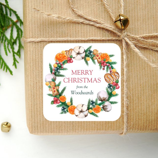 Sticker Carré Watercolor Holiday Wreath Joyeux Noël (Créateur téléchargé)