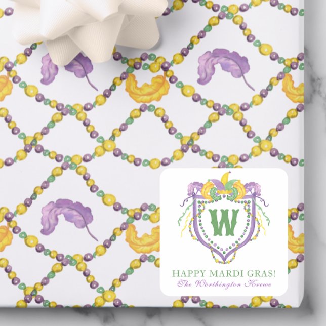 Sticker Carré Watercolor Mardi Gras Monogram Crest (Créateur téléchargé)