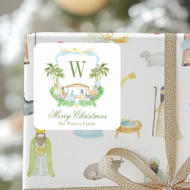 Sticker Carré Watercolor Nativity Monogram Crest Christmas (Créateur téléchargé)