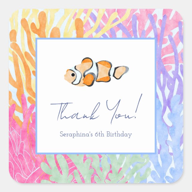 Sticker Carré Watercolor Ocean Clown Fish Anniversaire (Devant)