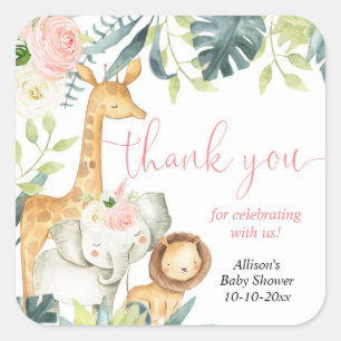 Sticker Carré Watercolor safari jungle animaux fille baby shower