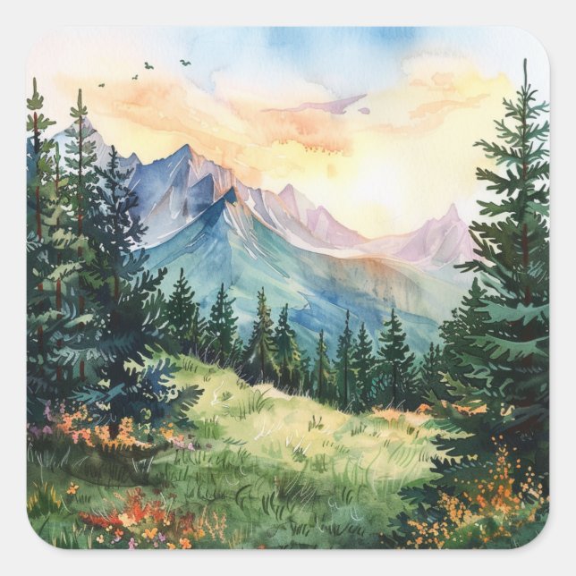 Sticker Carré Watercolor Summer Mountain (Devant)