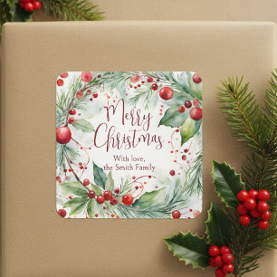 Sticker Carré Watercolor Winter Wreath Joyeux Noël