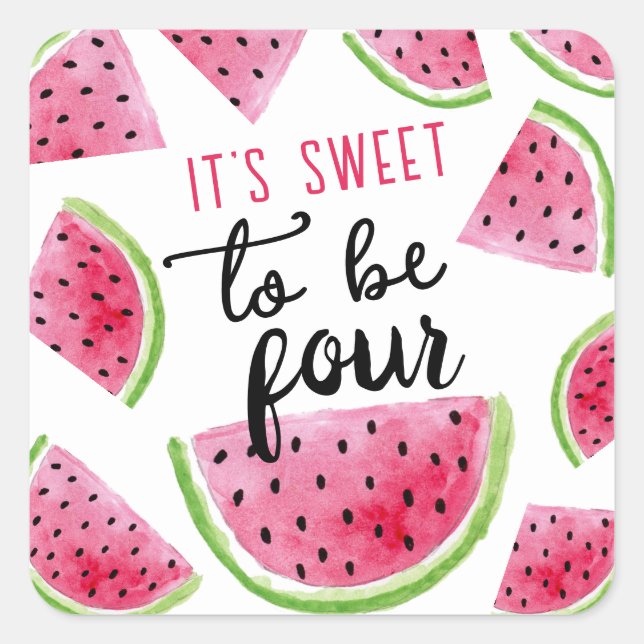 Sticker Carré Watermelon Sweet to Be Four Birthday Party (Devant)