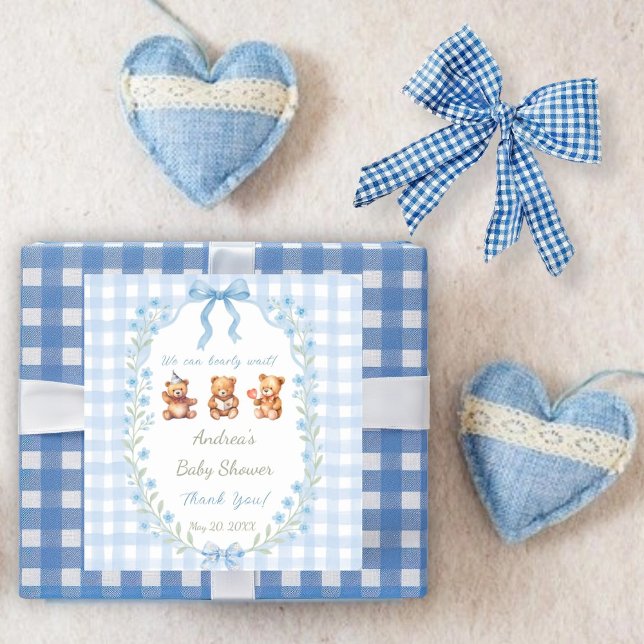 Sticker Carré We Can Bearly Wait Blue Gingham Baby Shower  (Créateur téléchargé)