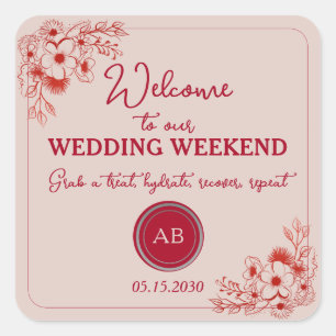 Sticker Carré Week-end de mariage rose rouge bienvenue